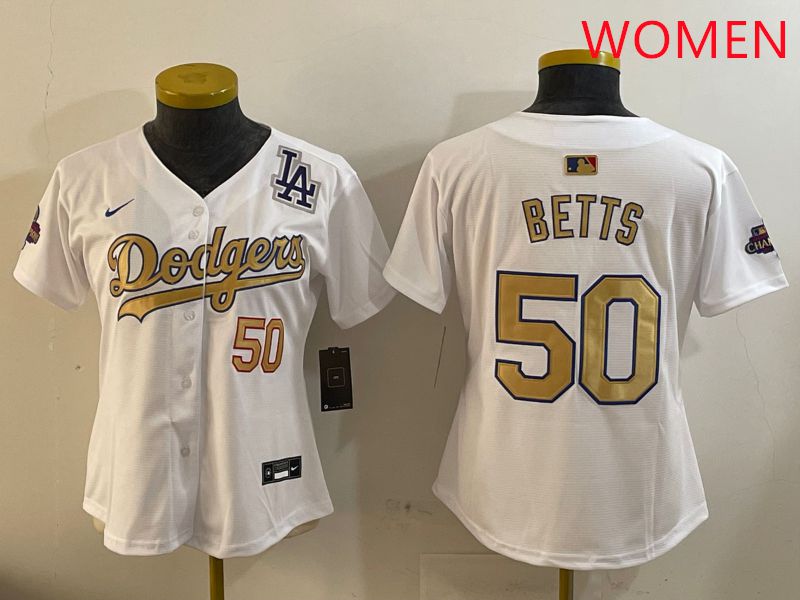 Women Los Angeles Dodgers 50 Betts White Champion gold character 2025 Nike MLB Jersey style 4094